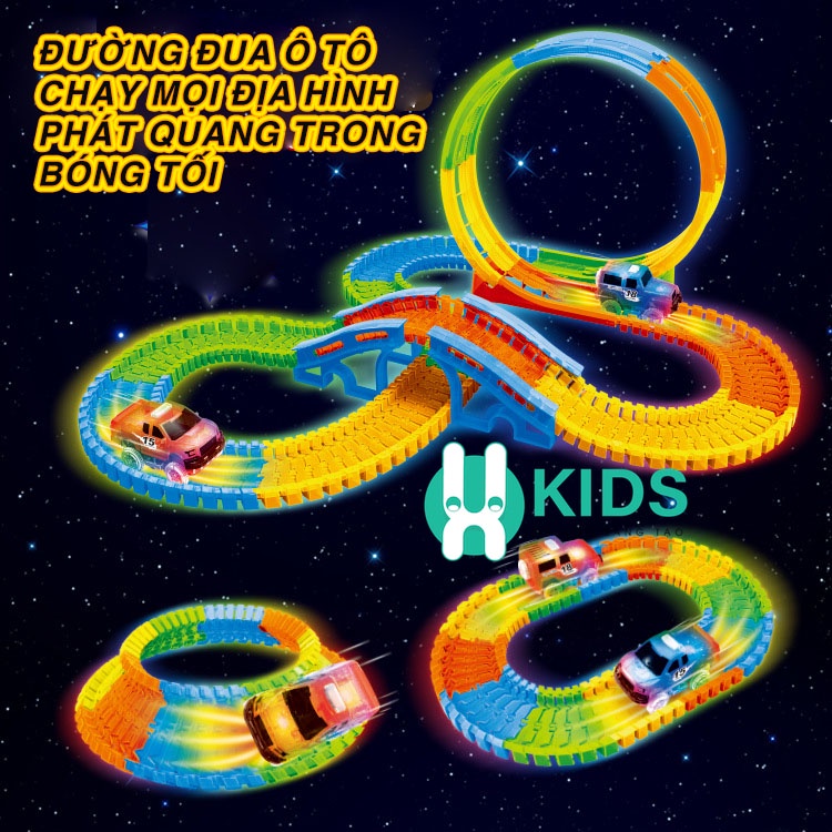 Đồ chơi đường đua xe ô tô lộn ngược 360 độ với đường ray phát quang trong tối có nhạc đèn chiếu sáng cho bé