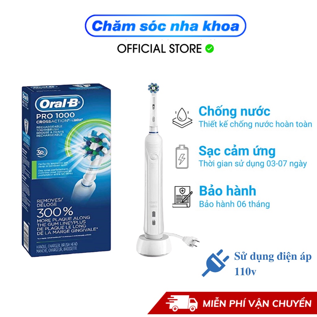 Bàn chải đánh răng điện tự động Oral B Pro 1000 trắng làm sạch răng, hạn chế viêm nướu