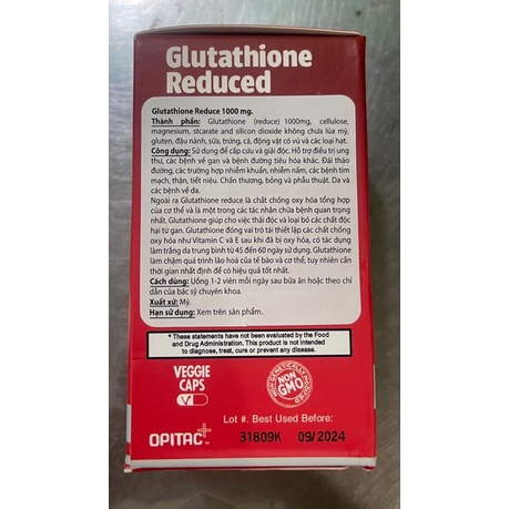 Viên uống trắng da Glutathione 1000mg Jarrow của Mỹ 60 viên