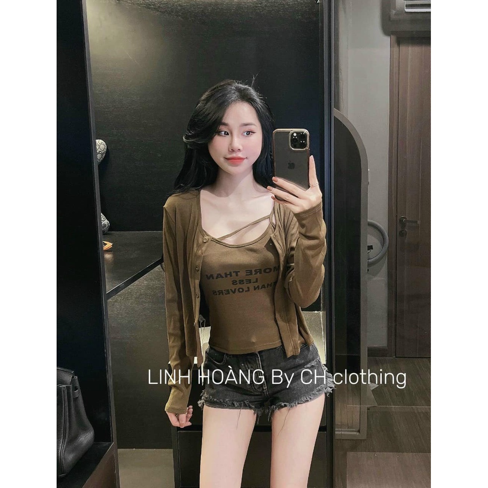 (MC)set áo khoác nữ dài tay kèm áo hai dây phối chữ phong cách hàn quốc SL alohashop91