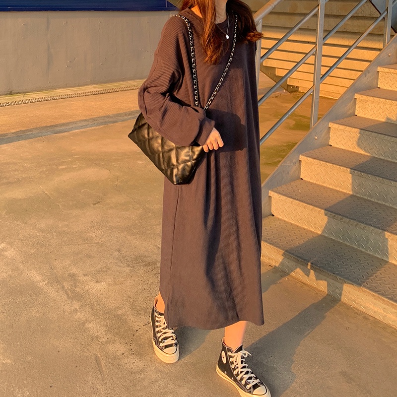 Đầm dài qua gối SUXI cổ tròn dáng rộng màu sắc đơn giản thời trang mùa thu dành cho nữ