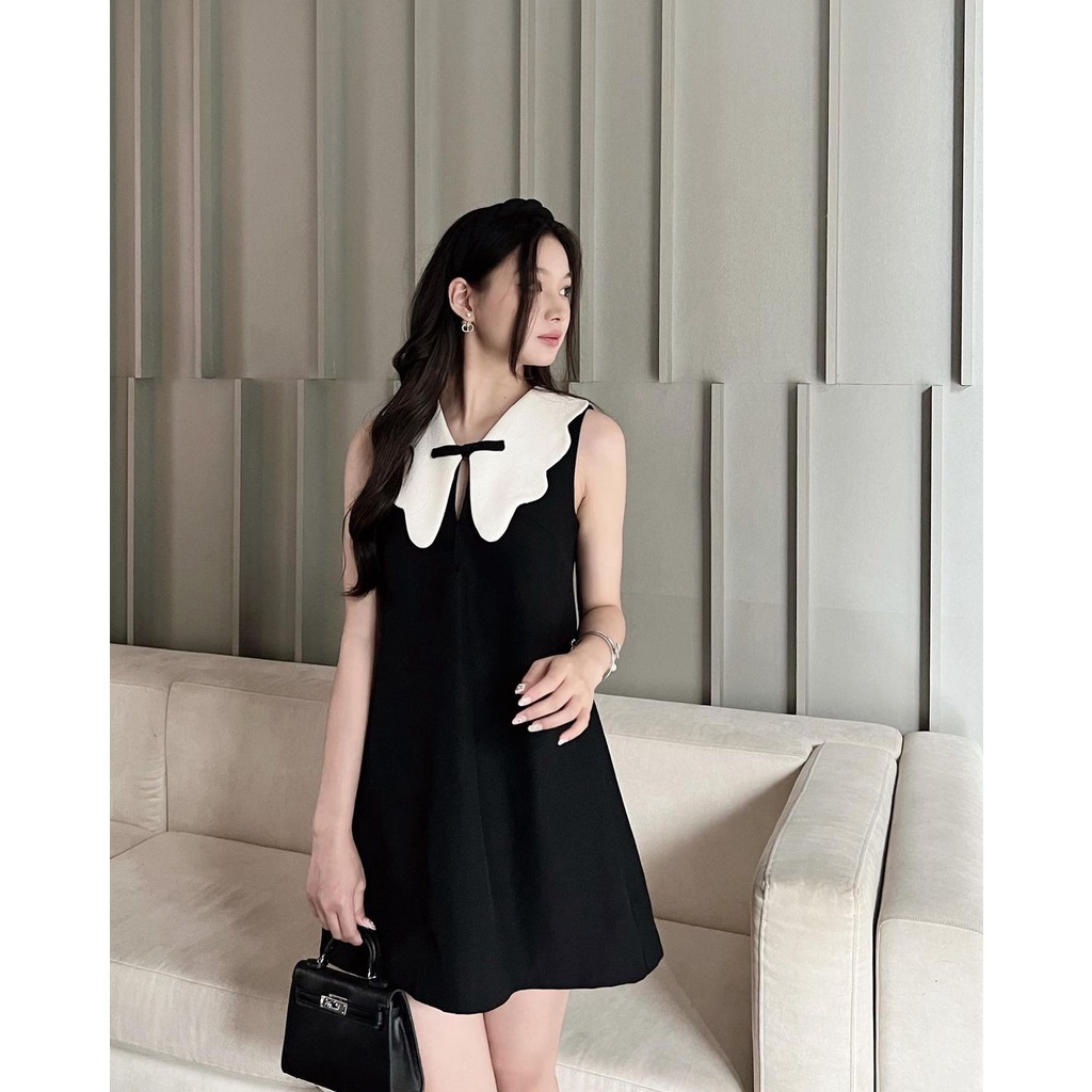 Váy kiểu nữ phối cổ Linly Store chất dạ tweed dáng suông V-VPC1