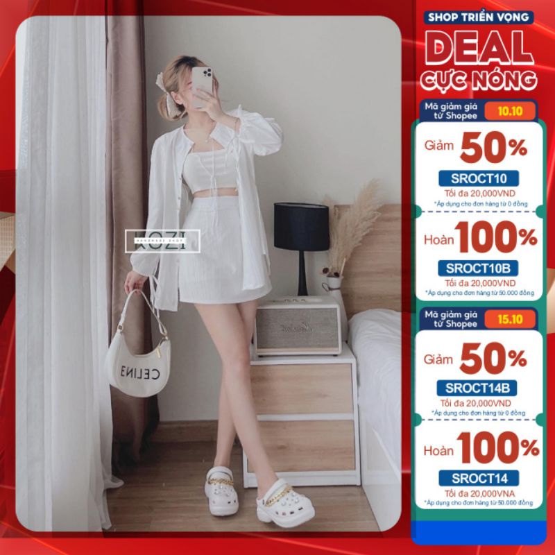 Set 3 món áo sơ mi chân váy sọc trắng nơ lưng hotthit