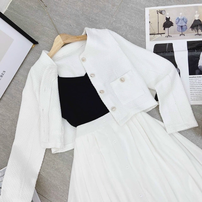 Set 3 món nữ set áo crop đen+ áo khoác đính nút tay dài+ chân váy trắng dài lên dáng tiểu thư sang chảnh