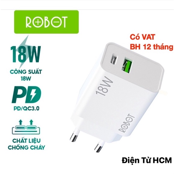 Cốc Sạc Nhanh 3A 18W ROBOT RT-F2 QC 3.0 - 2 Cổng Sạc USB-A/Type-C