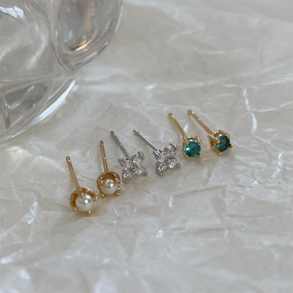 Set 6 Khuyên Tai Đính Đá zircon Ngọc Trai Nhỏ Đơn Giản Dễ Phối Đồ Phong Cách retro Hàn Quốc Cho Nữ