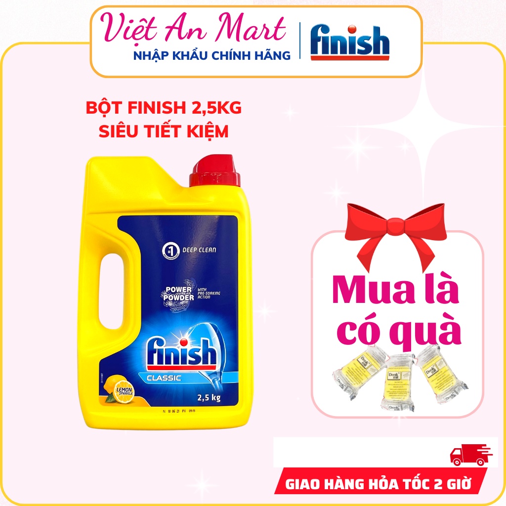 Bột rửa chén bát Finish Classic 2.5kg hương Chanh, bột dùng cho máy rửa bát Nhập Khẩu Đức