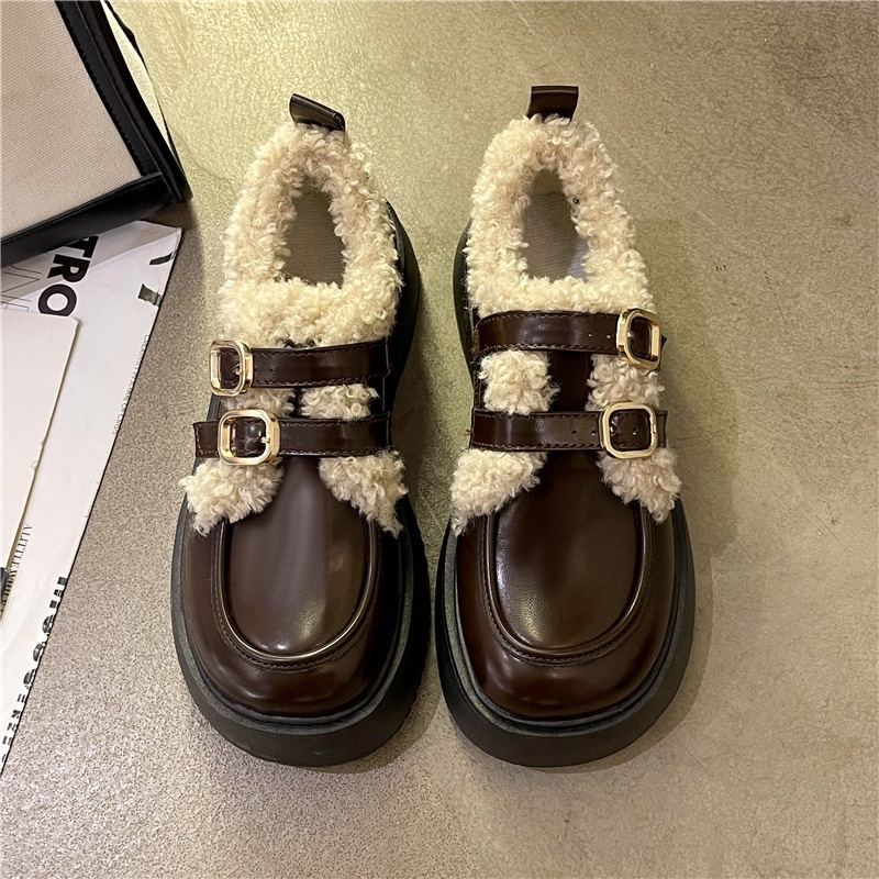 Giày Da Mũi Tròn Phối Dây Khóa Thời Trang Cho Nữ