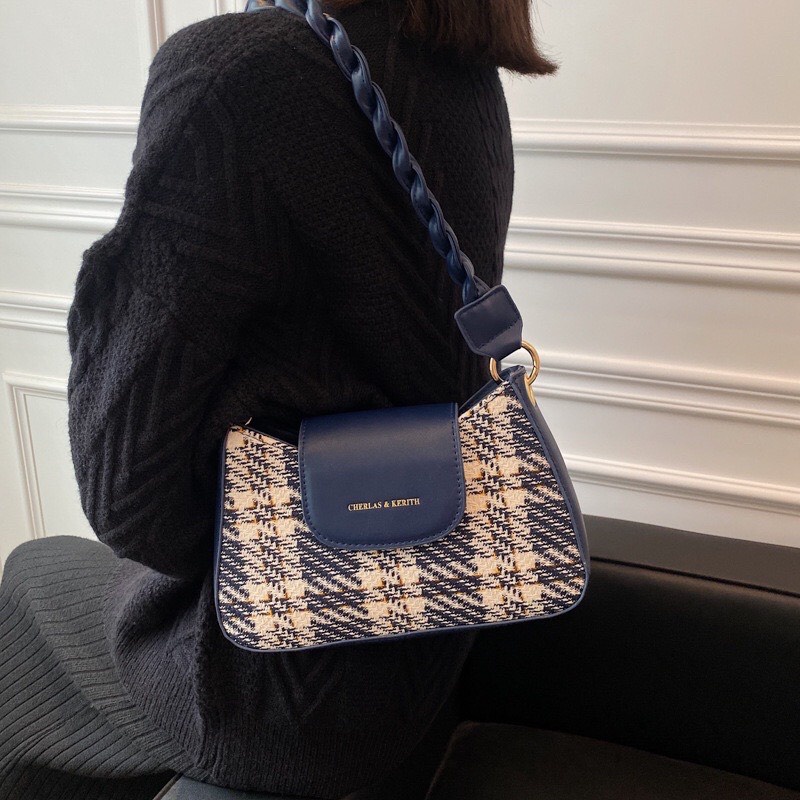 Túi xách nữ đeo chéo đeo vai  thời trang , Túi sách kẹp nách kẻ dạ đen trắng xanh dây da xoắn phong cách Hàn Putin Shop