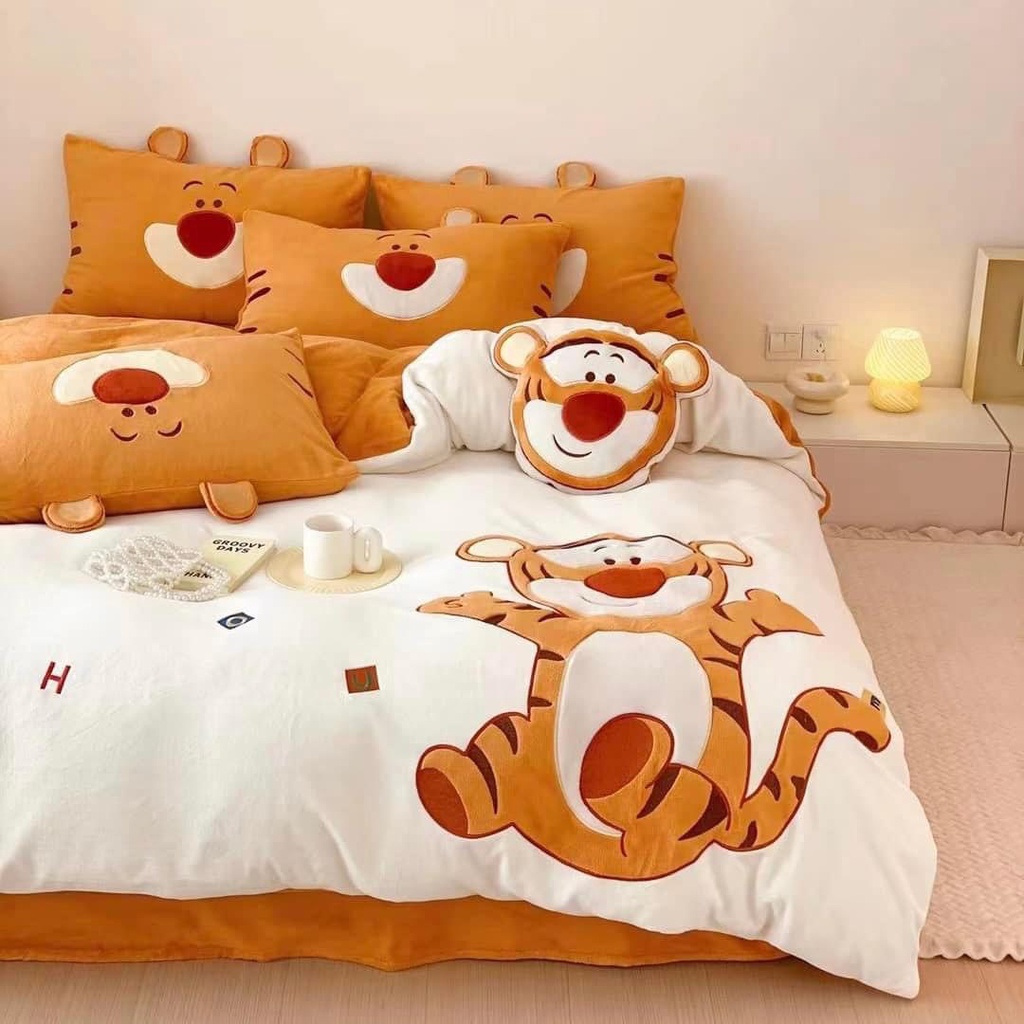 Bộ chăn ga gối nỉ nhung G01 cao cấp, họa tiết hoạt hình, dễ thương, xin xắn, phong cách Hàn Quốc