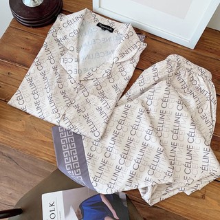 Bộ Mặc Nhà Pyjama Lụa Cao Cấp Tea Store Tay Dài Quần Dài Họa Tiết Chữ C