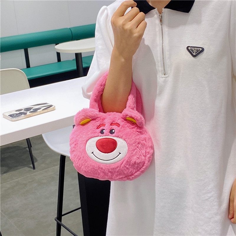 Túi Xách Đeo Vai Hình Tròn Phủ Lông Hình Chú Gấu / Dâu Tây Thời Trang Mùa Thu 2022