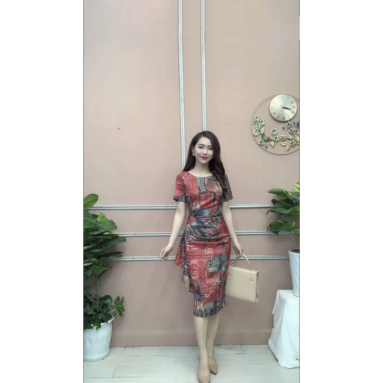 Đầm dạo phố body vân gỗ tay ngắn GOZA D1101