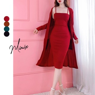 Set đầm body hai dây MIMIX kèm áo khoác cardigan dáng dài BN5215