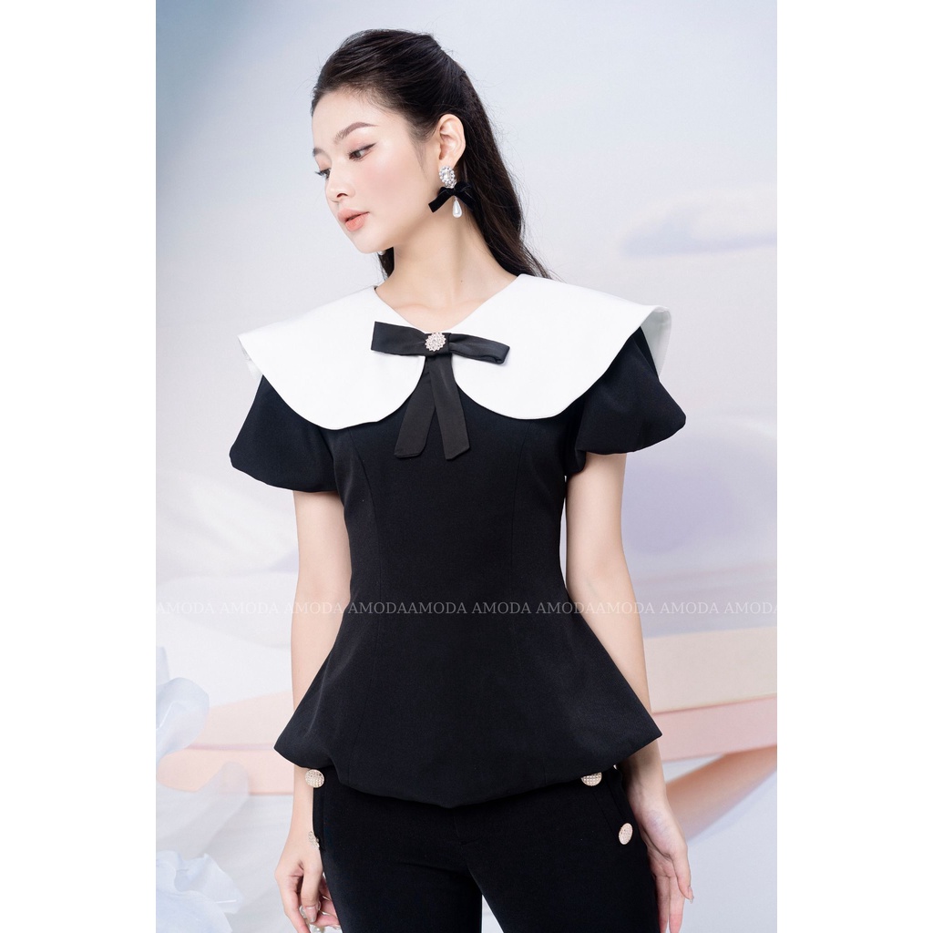 Áo thiết kế  chiết eo tay bồng  đính nơ siêu xinh cho nàng đi chơi đi làm AMODA A016