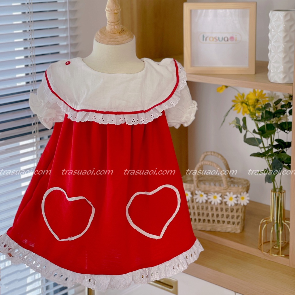Váy cho bé gái, đầm babydoll bé gái túi tim phối cổ bèo trắng dễ thương - TRASUAOI D055