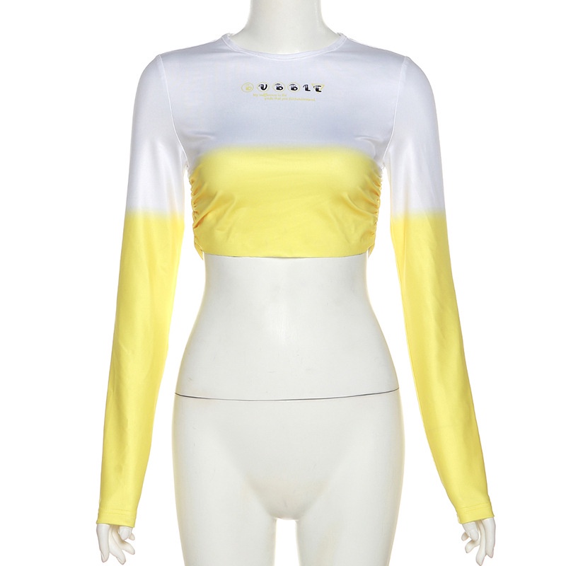 Áo Croptop Tay Dài Cổ Tròn In Chữ Màu Gradient Cá Tính Cho Nữ