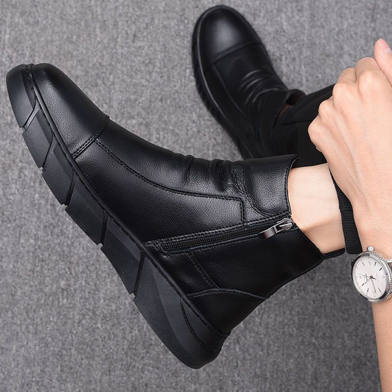 Giày Bốt Martin Da Cổ Cao Lót Lông Cừu Có Khóa Kéo Phong Cách Anh Quốc Thời Trang Cho Nam