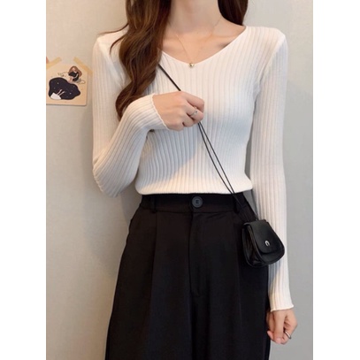 Áo Thun Nữ Body Gân Cổ Tim 🦋 Áo Dài Tay Nữ Trơn Dáng Ôm 3 Màu 🦋
