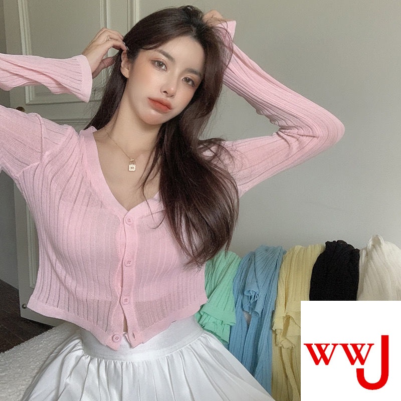 Áo Khoác Cardigan Dệt Kim Mỏng Tay Dài Dáng Ngắn Màu Hồng Thời Trang Mùa Hè Cho Nữ Có Size Lớn