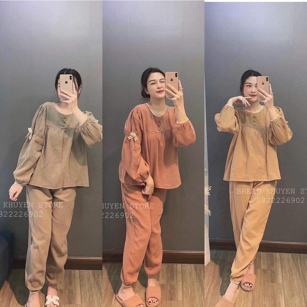 Bộ Bầu Mặc Nhà Viền Ren Siêu Xinh Gấu Be Cực Dễ Thương Quần Có Cúc Điều Chỉnh freesize 40-68kg