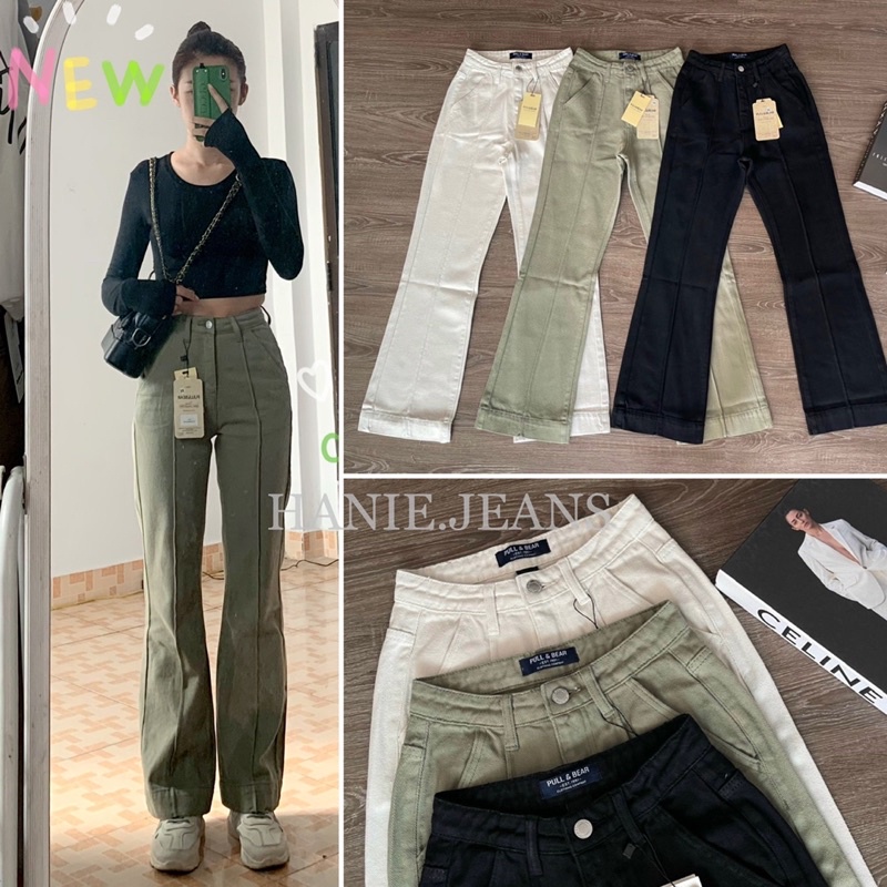 Quần Jean Ống Đứng Nữ PULL&BEAR Quần Jean Ống Suông, Ống Rộng Gập Lai Giữa 3 Màu Rêu - Trắng Vani - Đen Dài 100 - 102cm