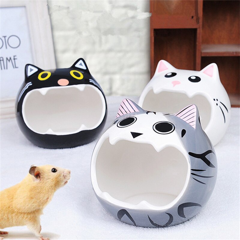 Nhà ngủ sứ hình mèo mồm to cho hamster