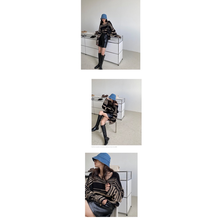Áo Sweater Dệt Kim Cổ Tròn Dáng Rộng Kẻ Sọc Thời Trang Cho Nữ