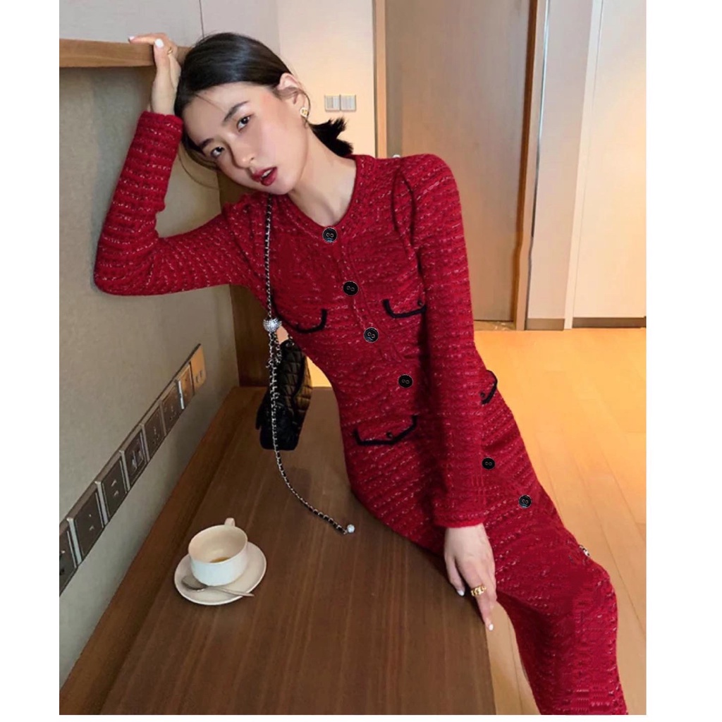 Đầm dạ đỏ sang chảnh 1096