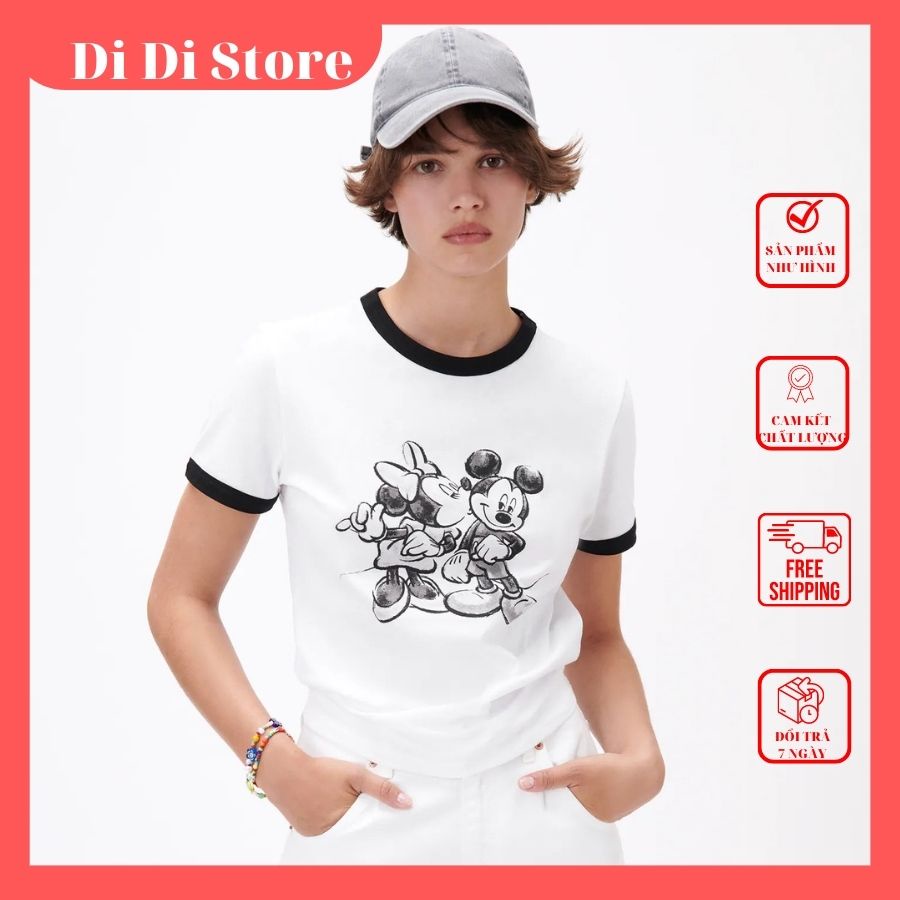 Áo thun nữ 𝐙𝐚𝐫𝐚 hình Mickey viền đen, vnxk, chất cotton bao mát