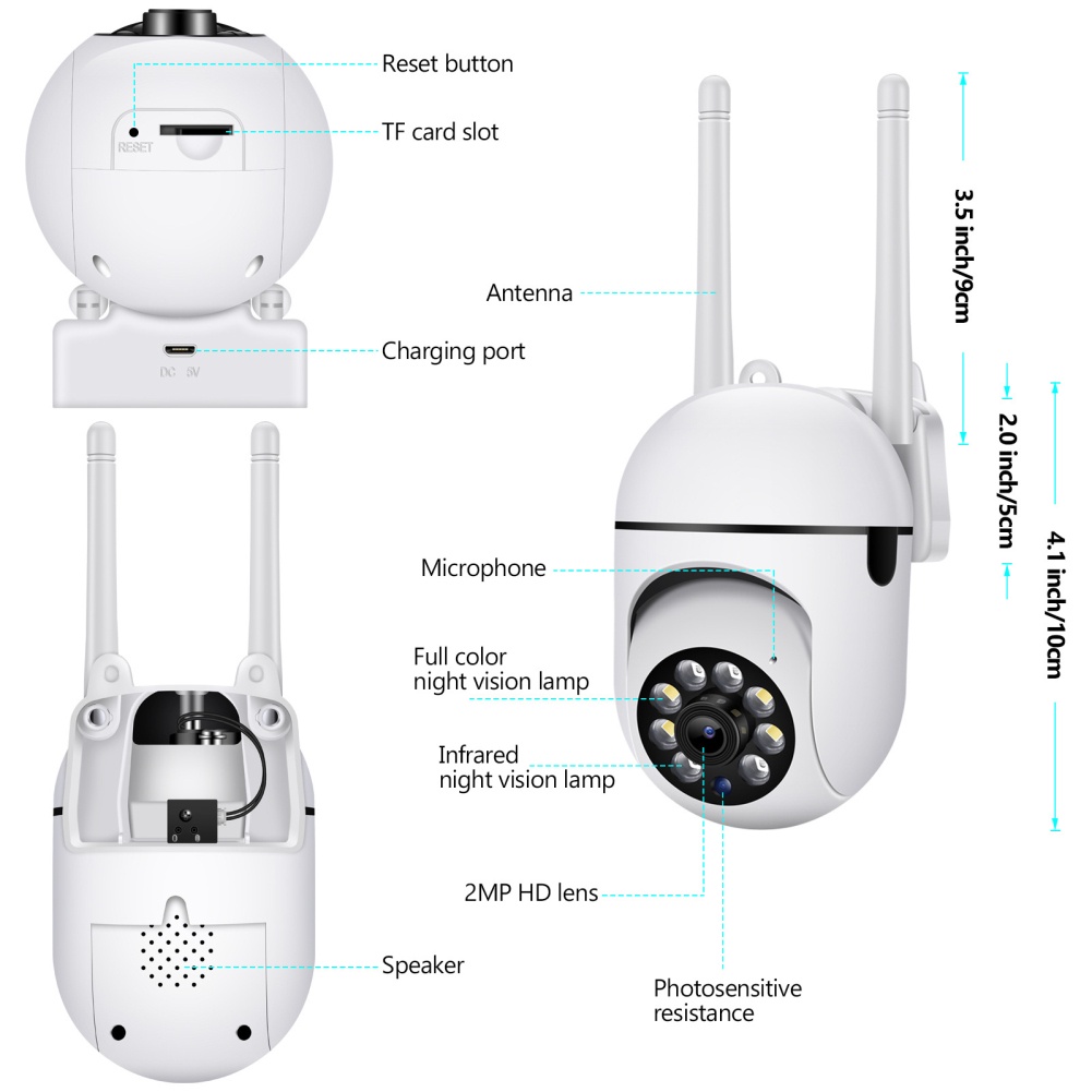 Camera An Ninh Ngoài Trời PTZ IP WIFI 2MP HD 360° Máy Quay Video mini Chống Lóa