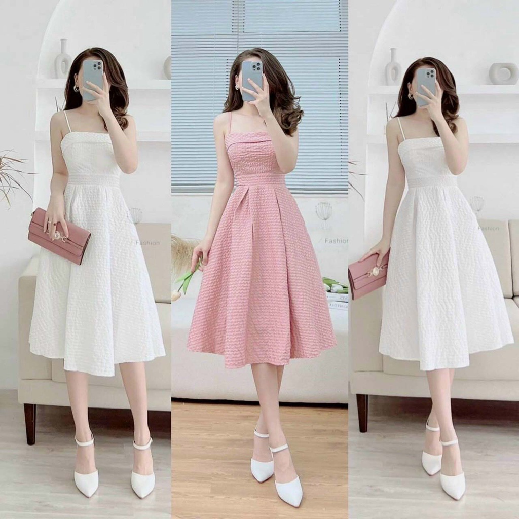 Đầm xòe hai dây xếp ly hai lớp có mút ngực kiểu đầm dự tiệc trẻ trung màu đầm trắng, hồng, đen thời trang nữ ARAVA