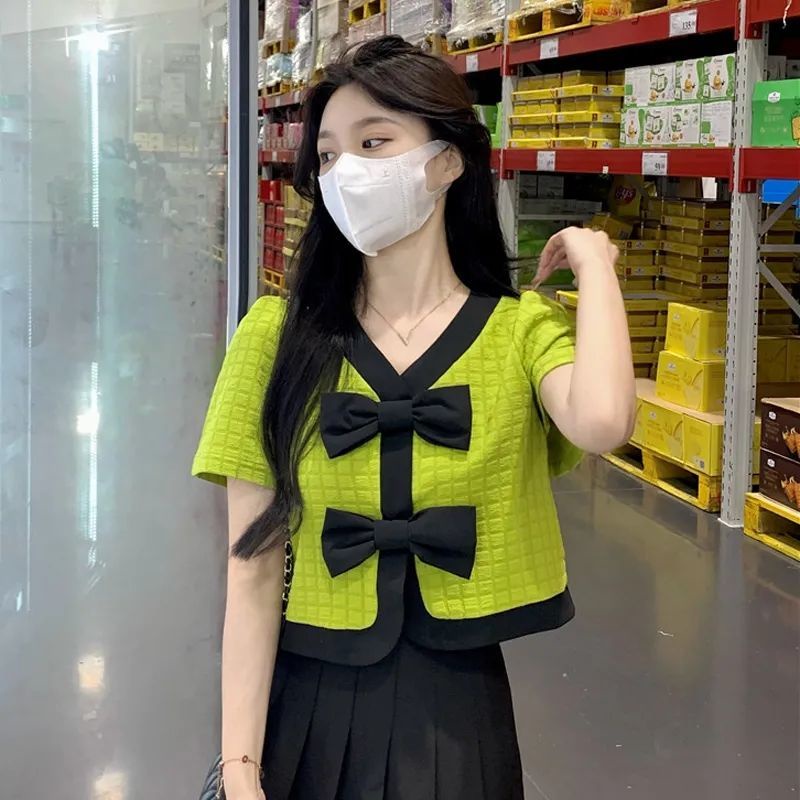 Áo Sơ Mi Chanel Tay Ngắn Cổ Chữ V Thắt Nơ Phong Cách Hàn Quốc Thời Trang Mùa Hè Cho Nữ