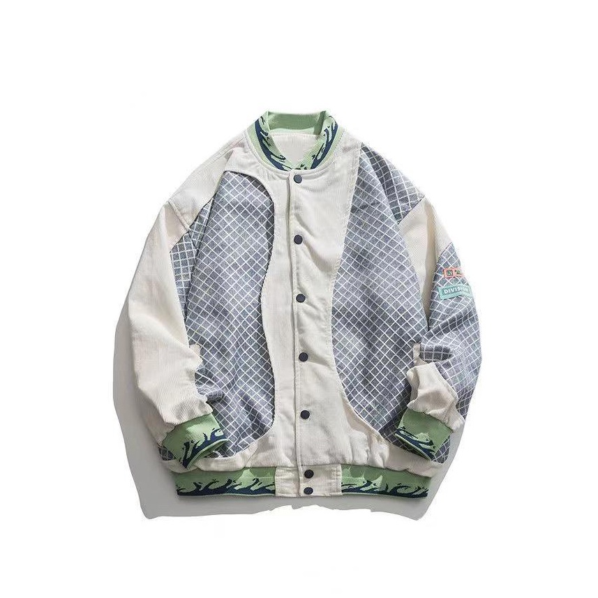 Phong cách Vintage đường phố xu hướng màu xanh lá cây kiểm tra chắp vá bóng chày phù hợp với mùa thu mới màu trắng cặp vợ chồng lỏng lẻo sinh viên blazer Top Hip Hop Casual Coat