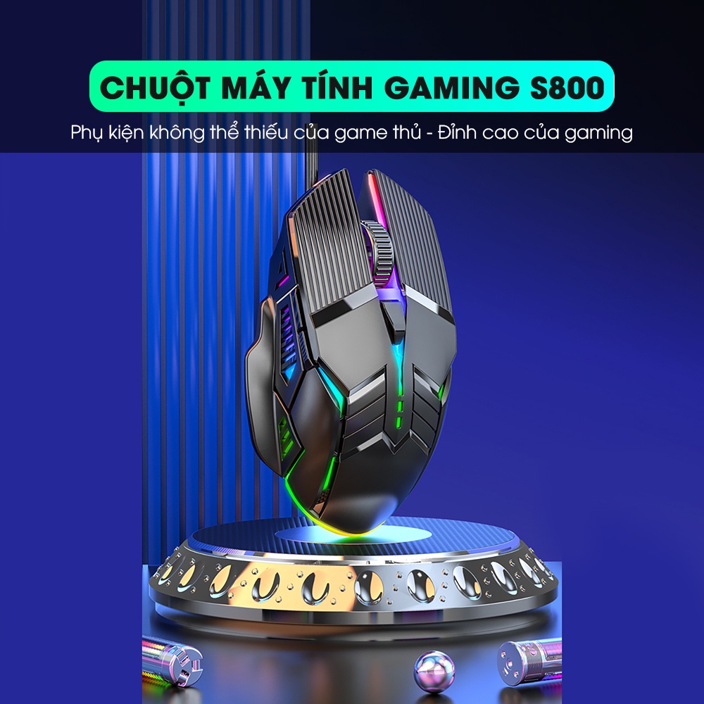 Chuột máy tính gaming có dây SIDOTECH S800 đèn led RGB 6 nút bấm 3200 DPI cho game thủ làm việc văn phòng - Chính hãng