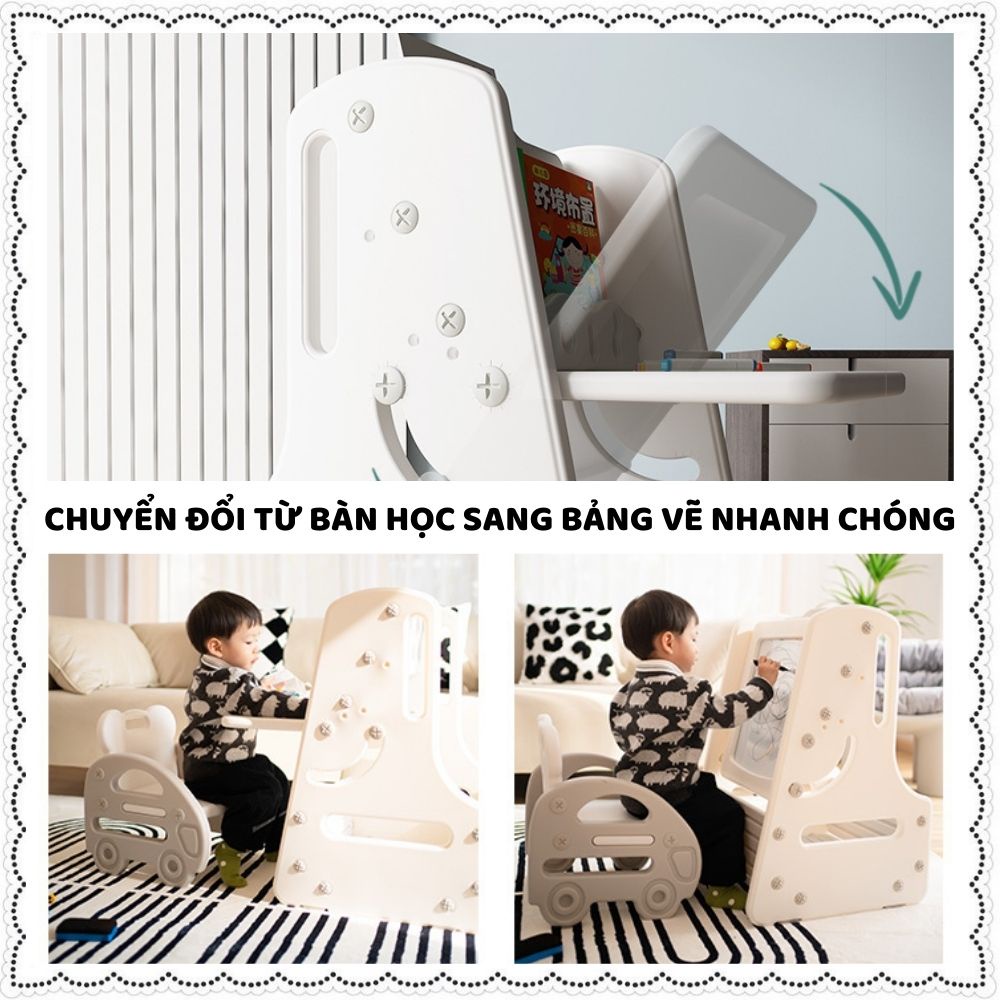 Bảng vẽ từ tính kiêm bàn học cho bé có giá sách 5 in 1 kèm ghế ngồi học tiện lợi chất liệu cao cấp 3 màu cực xinh