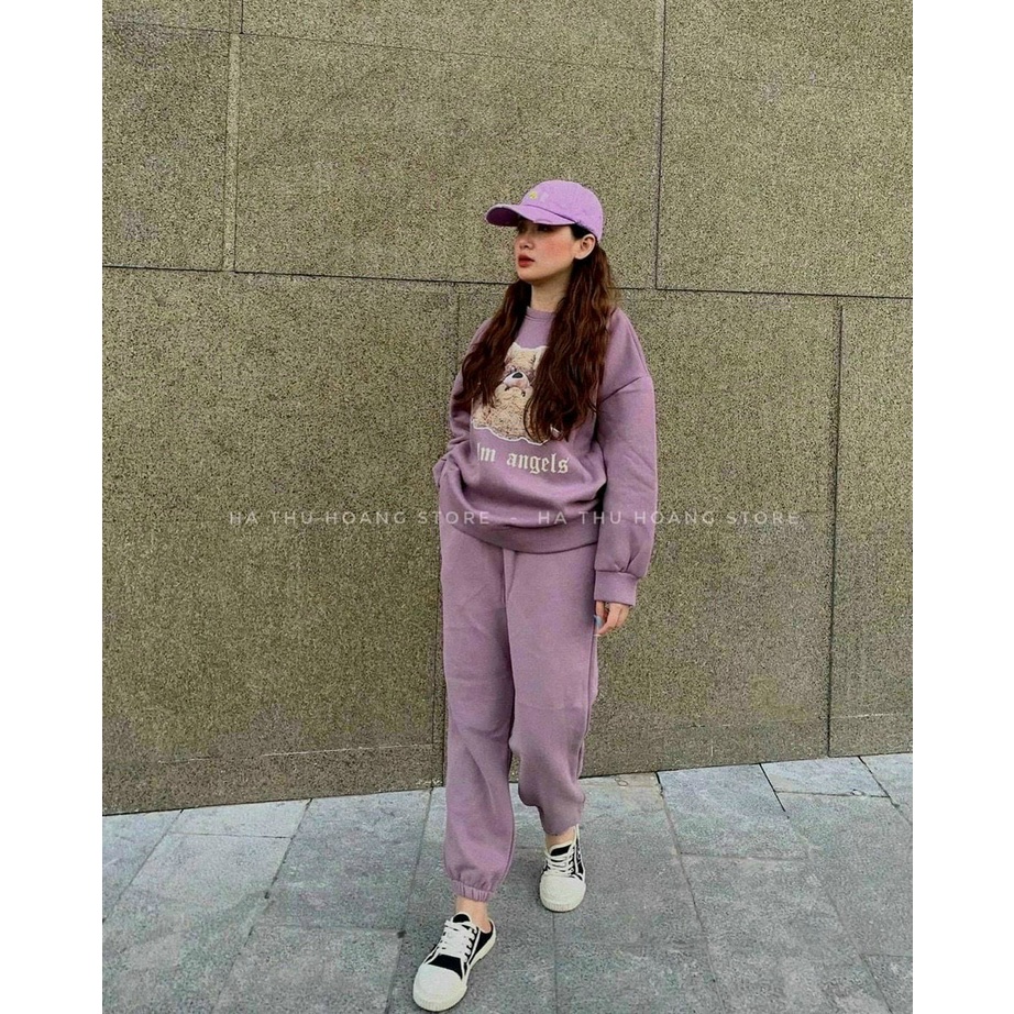 [11.11 Sae Freeship] Set bộ nỉ nữ quần dài; áo tay dài cổ tròn in hình gấu trẻ trung năng động