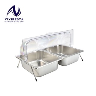 Khay inox đựng thực phẩm có nắp mica đậy chống bụi kèm giá đỡ
