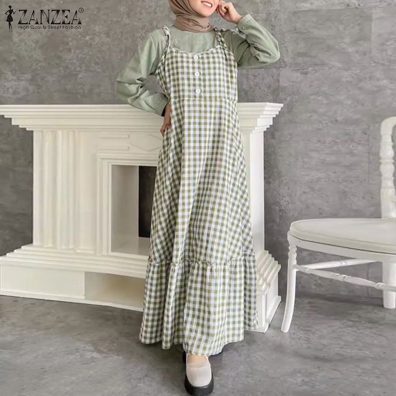 ZANZEA Đầm Hai Dây Viền Bèo Họa Tiết Caro Thời Trang Cho Phụ Nữ Hồi Giáo