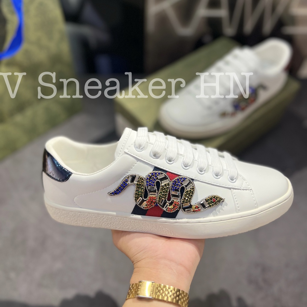 Giày Sneaker Da Nam Nữ Rắn Đính Đá Gót 2 Màu mẫu mới hàng cao cấp cực chất, Gucci đính đá