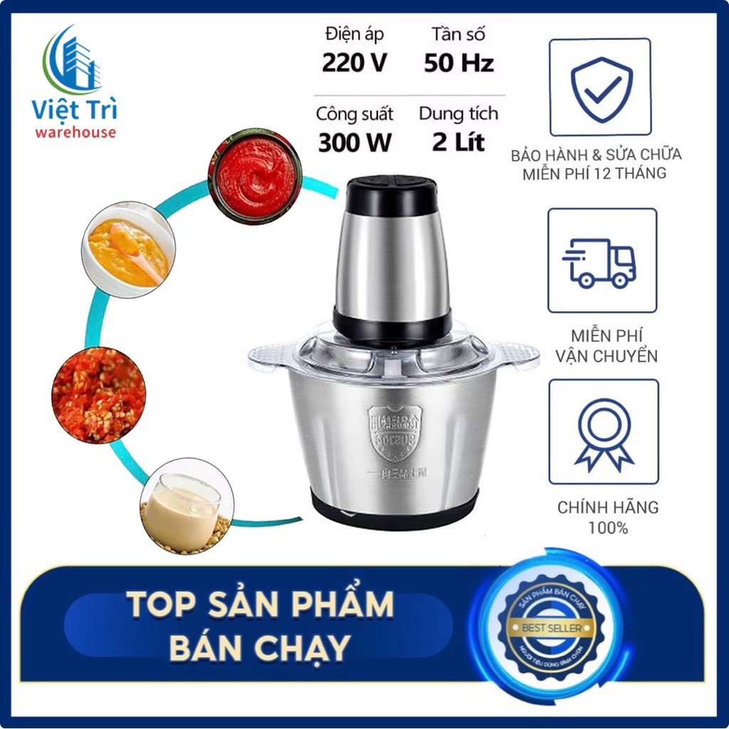 Máy xay thịt cối inox 304 dung tích 2L, máy xay đa năng công suất 250w, 4 lưỡi dao sắc bén
