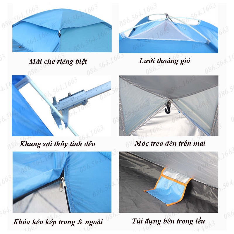 Lều Cắm Trại Du Lịch Dã Ngoại 2 Cửa Đối Xứng Kích Thước 2m x 2m x 1,35m - Lều Đi Phượt Tự Bung Có Túi Đựng