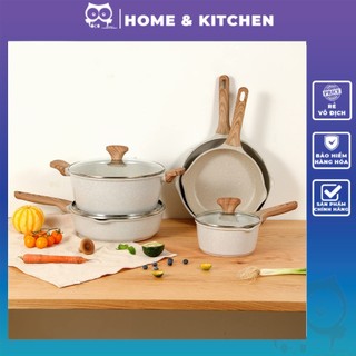 Bộ Nồi Chảo Chống Dính Cao Cấp - Vân Đá Hoa Cương - Đáy Từ Dùng Mọi Loại Bếp Màu Be