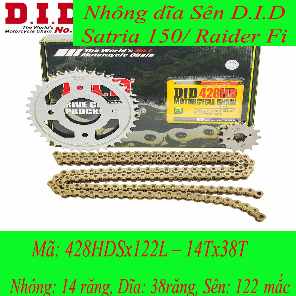 Nhông sên dĩa DID xe Satria 150, Raider Fi sên vàng Nhật 428HD (sên 10 ly)