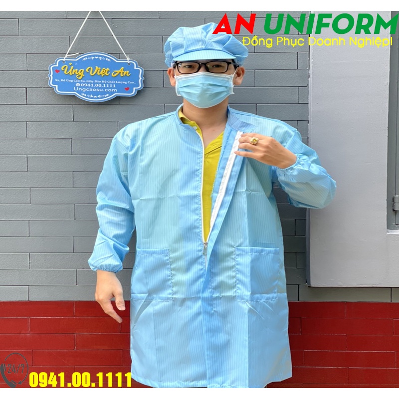 Áo Blouse Phòng Sạch Cổ Trụ, Chống Tĩnh Điện Dây Kéo + Nón Kết Phòng Sạch