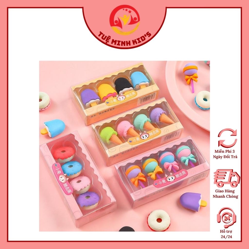 Gôm Tẩy 3D Hình Bánh Donut Kem Que Kẹo Mút Dễ Thương Xinh Xắn Tẩy Bút Chì Họa Tiết Cute Giá Rẻ Học Tuệ Minh Kid's