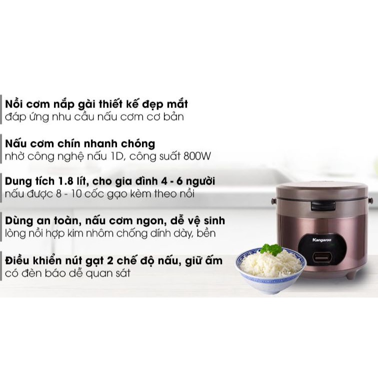 Nồi cơm nắp gài Kangaroo KG18R2 1.8 lít chính hãng trưng bày-Số người ăn 4 - 6 người Công suất :800 W Lòng nồi dày