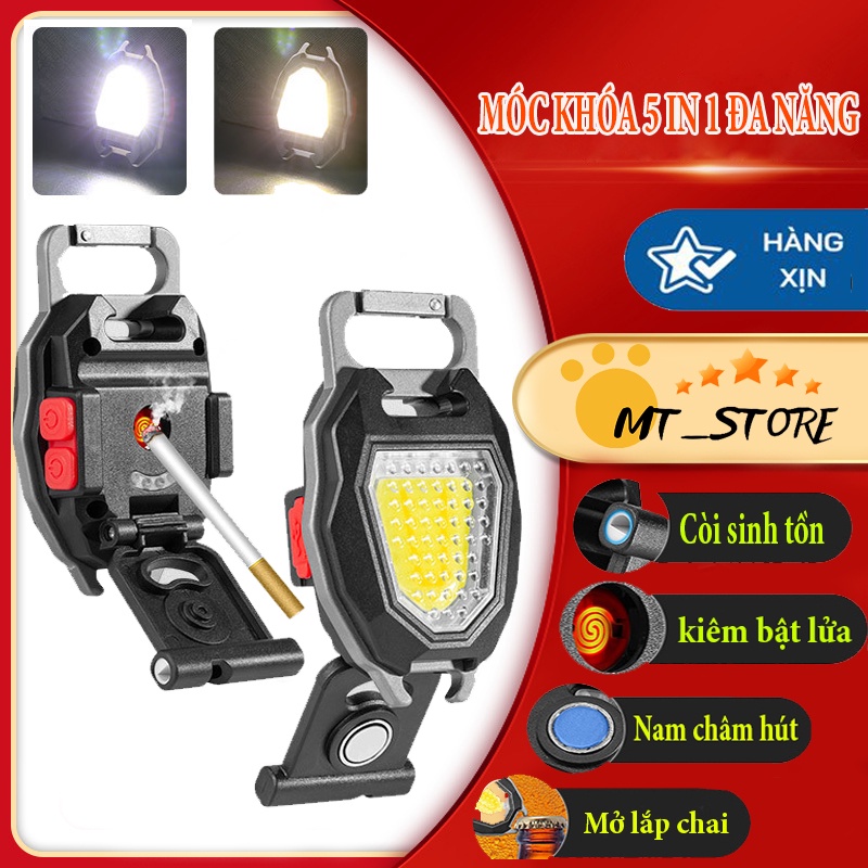 Móc khoá đèn led mini COB siêu sáng có nam châm, bật lửa, mở bia, pin khoẻ mẫu mới dùng đi cắm trại