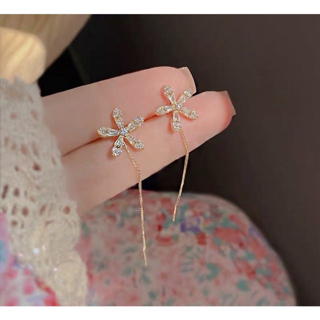E139 Khuyên tai bông tai nữ hoa đính ngọc thả đẹp Ring House