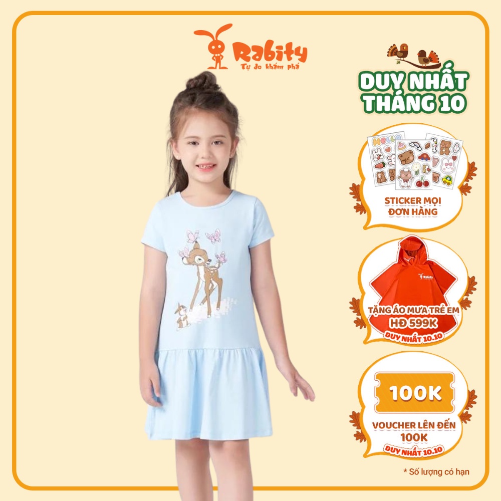 Đầm thun ngắn nai Bambi xinh xắn bé gái Rabity màu sắc tươi tắn cho trẻ em cotton co giãn mặc hè thoáng mát 91157